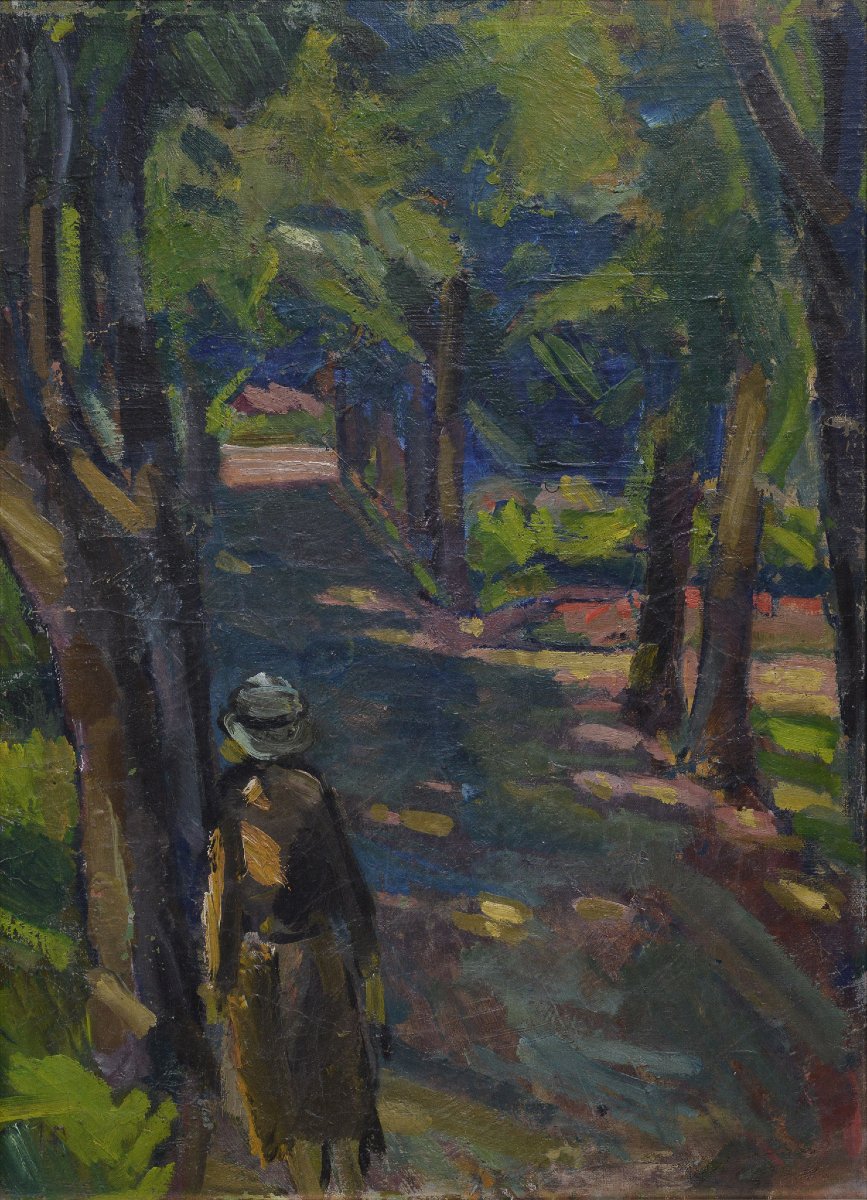Early 20th Century Russian Expressionist Park Scene Oil Board Signed Framed-photo-2