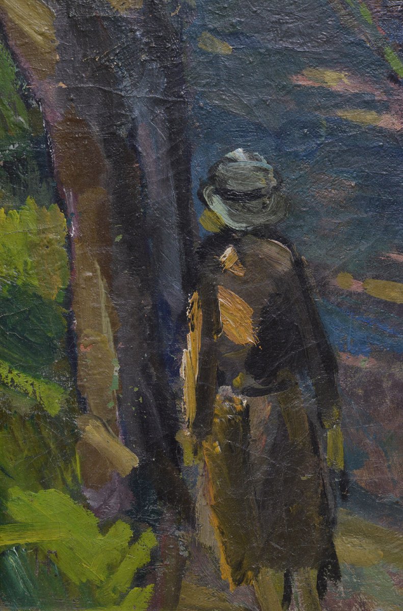 Early 20th Century Russian Expressionist Park Scene Oil Board Signed Framed-photo-3