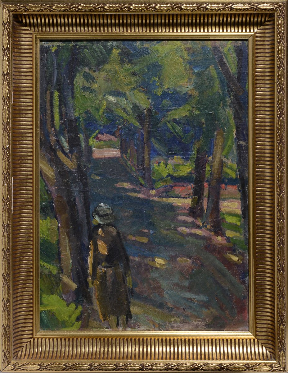 Early 20th Century Russian Expressionist Park Scene Oil Board Signed Framed
