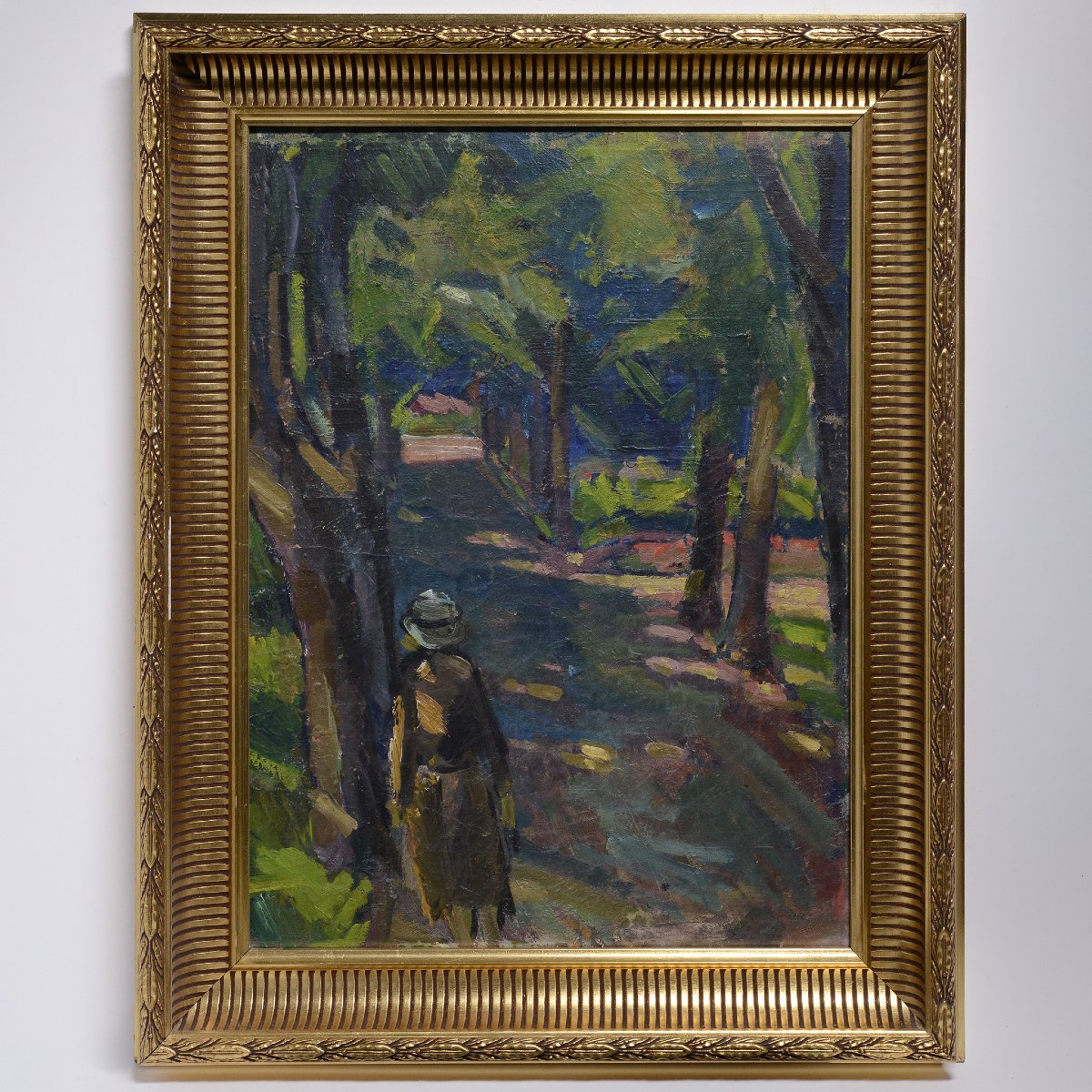 Early 20th Century Russian Expressionist Park Scene Oil Board Signed Framed