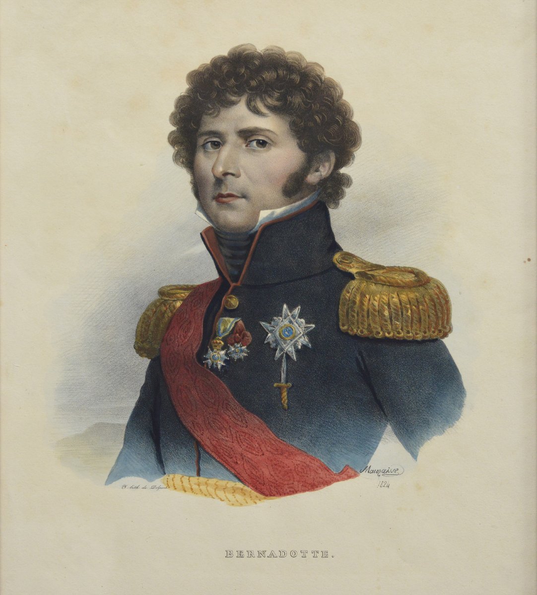 19e Siecle Empire Francais Marechal Bernadotte Portrait Lithographie Coloree Signee-photo-2