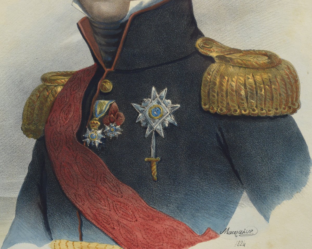 19e Siecle Empire Francais Marechal Bernadotte Portrait Lithographie Coloree Signee-photo-4
