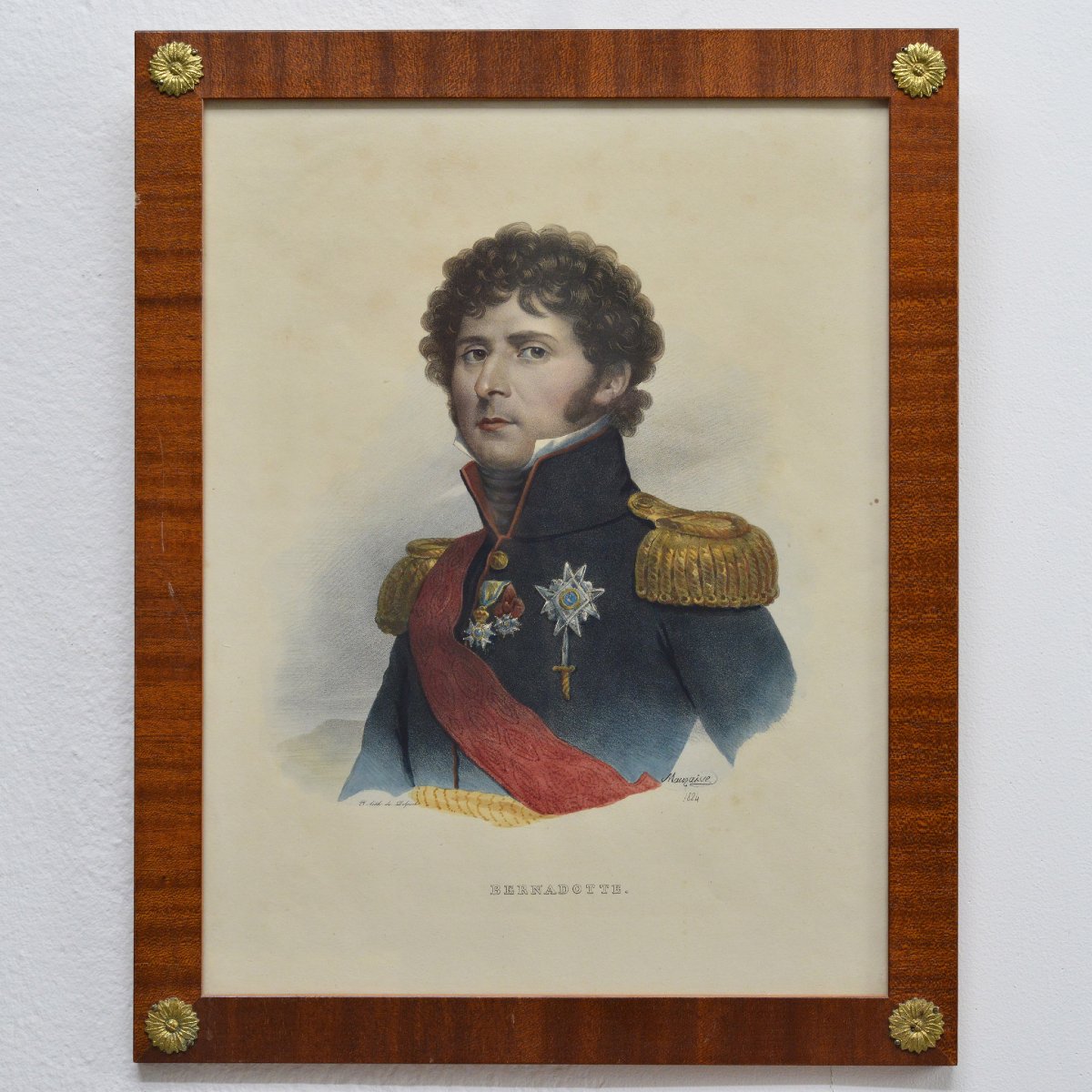 19e Siecle Empire Francais Marechal Bernadotte Portrait Lithographie Coloree Signee