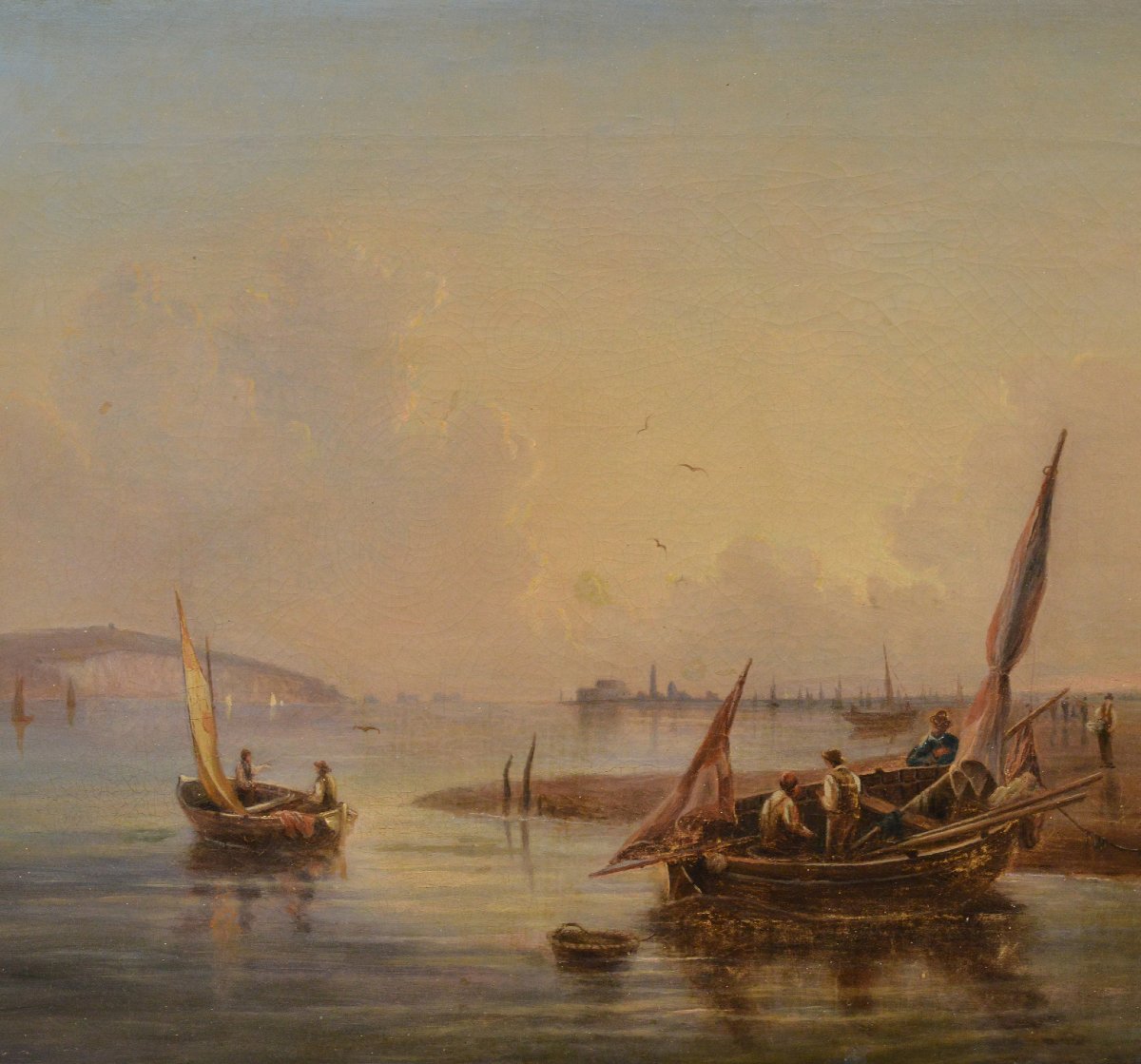 19th Century British Romantic Sunrise Seascape Oil Canvas Solent Fishing Boats-photo-2