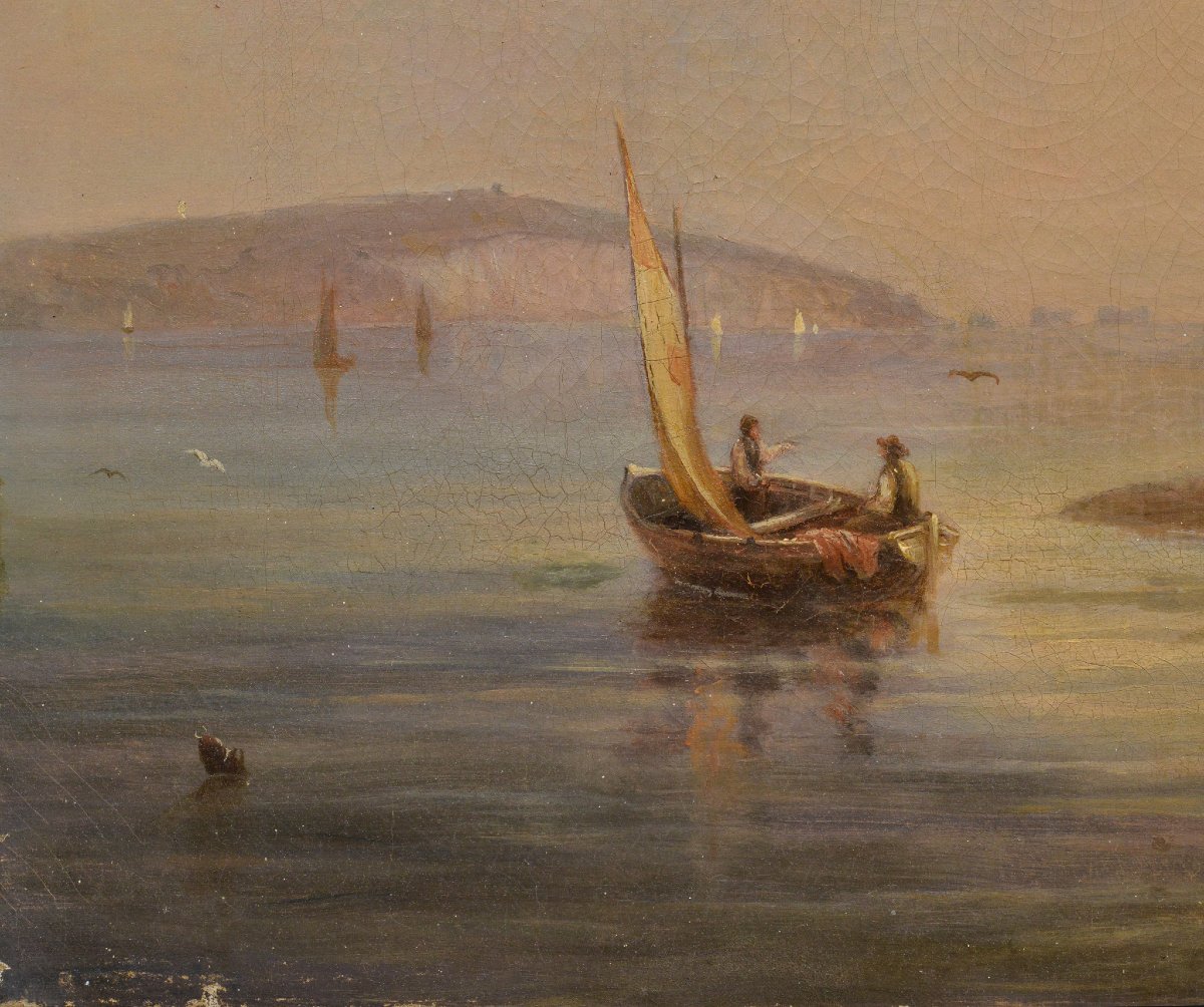 19th Century British Romantic Sunrise Seascape Oil Canvas Solent Fishing Boats-photo-3