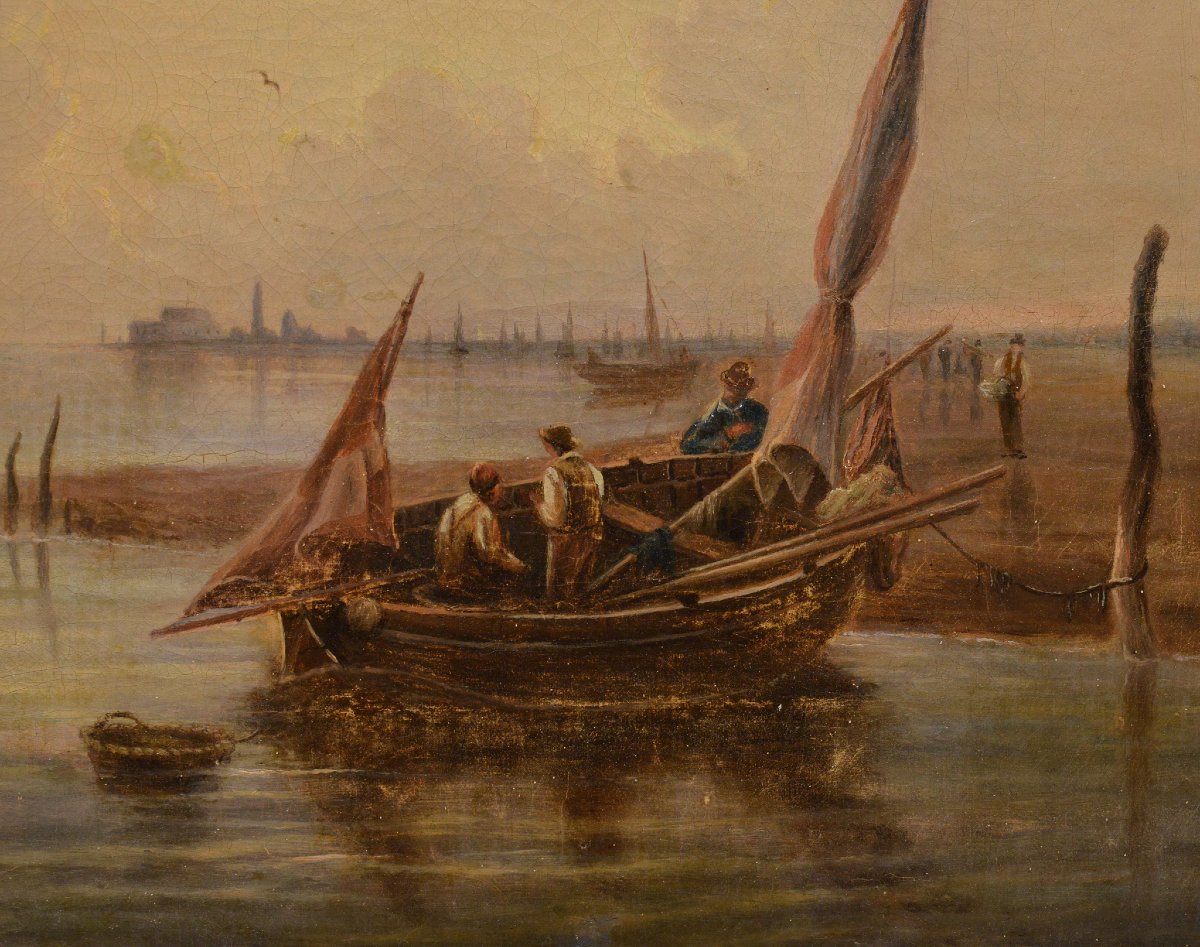 19th Century British Romantic Sunrise Seascape Oil Canvas Solent Fishing Boats-photo-4