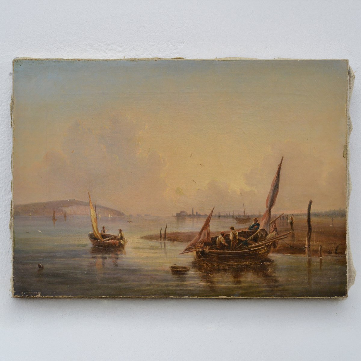 19th Century British Romantic Sunrise Seascape Oil Canvas Solent Fishing Boats