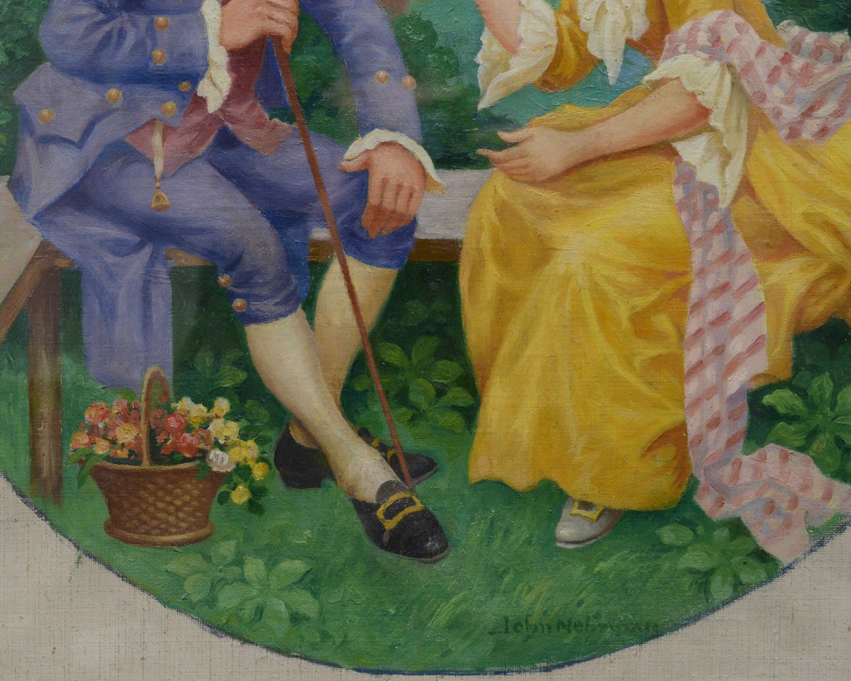 19th Century Swedish Rococo Style Poetic Garden Scene Oil Canvas Signed Nehrman-photo-4