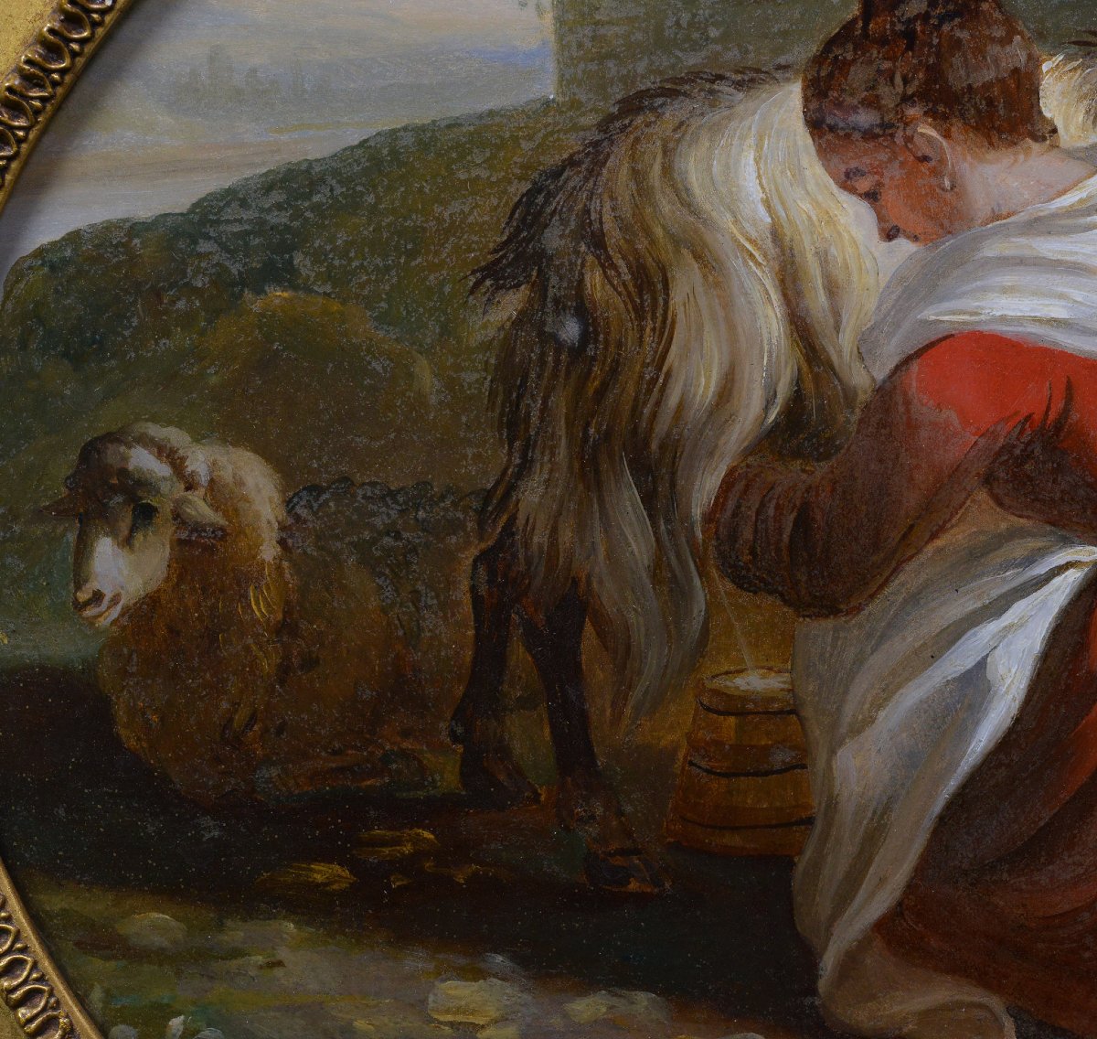 19th Century European Pastoral Milkmaid Reverse Glass Painting Gilt Tondo Frame-photo-4