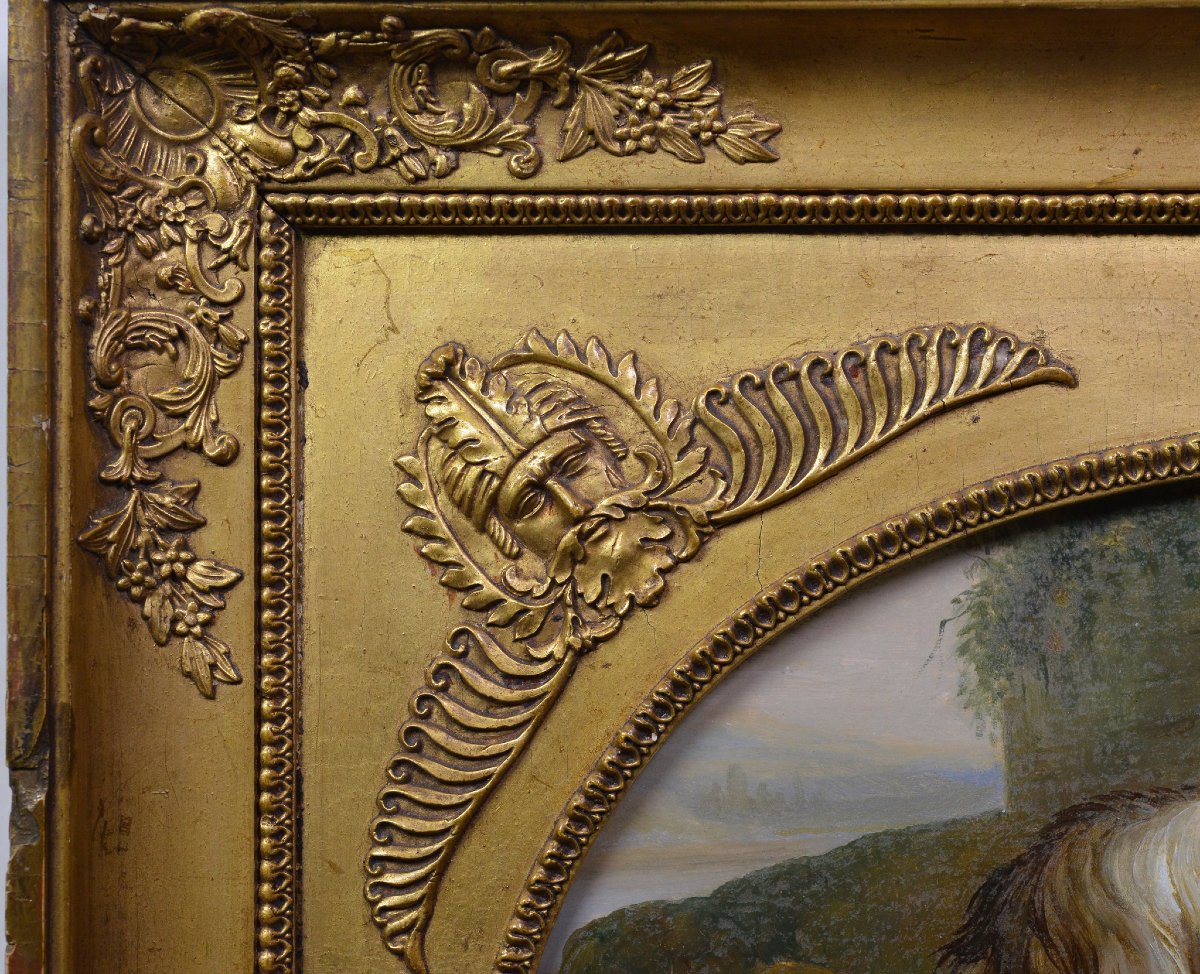 19th Century European Pastoral Milkmaid Reverse Glass Painting Gilt Tondo Frame-photo-2