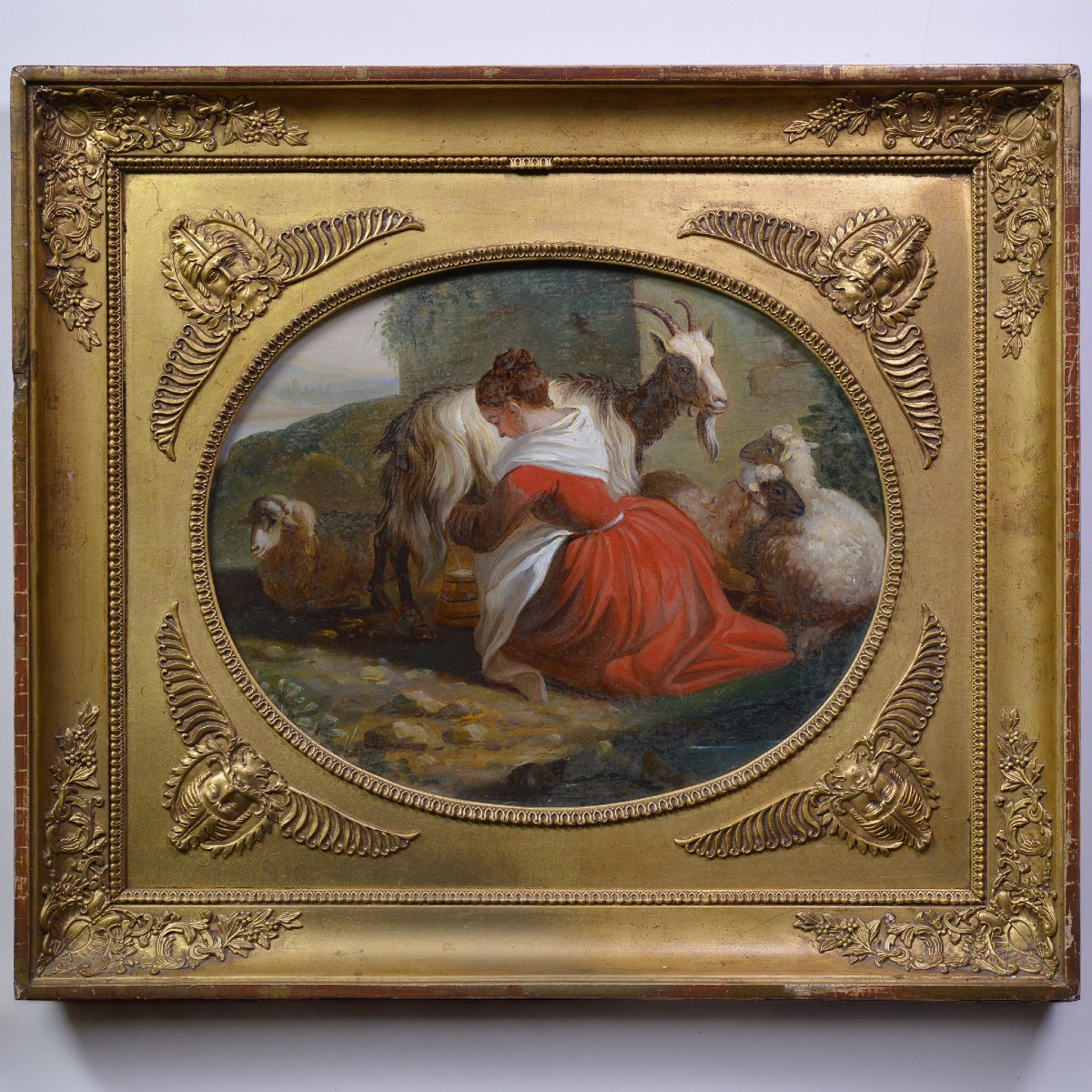 19th Century European Pastoral Milkmaid Reverse Glass Painting Gilt Tondo Frame