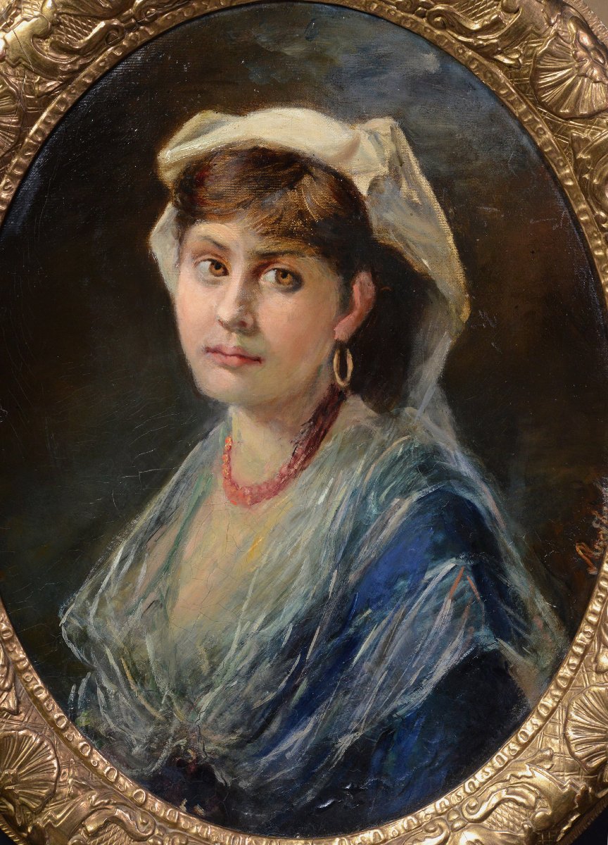 19th Century European Italian Young Woman Portrait Oil Canvas Signed Oval Framed-photo-2