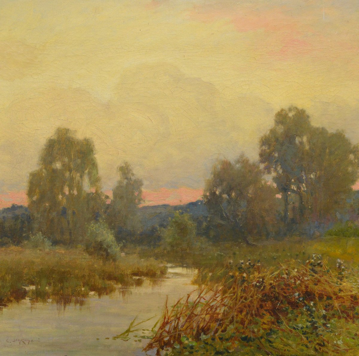 Fin 19e Victorien Britannique Paysage Riviere Coucher Soleil Huile Toile Signee-photo-2