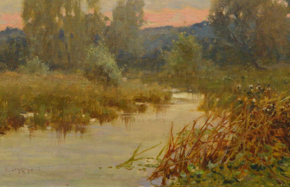 Fin 19e Victorien Britannique Paysage Riviere Coucher Soleil Huile Toile Signee-photo-4