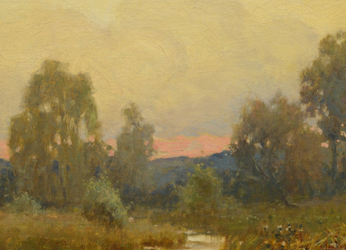 Fin 19e Victorien Britannique Paysage Riviere Coucher Soleil Huile Toile Signee-photo-1