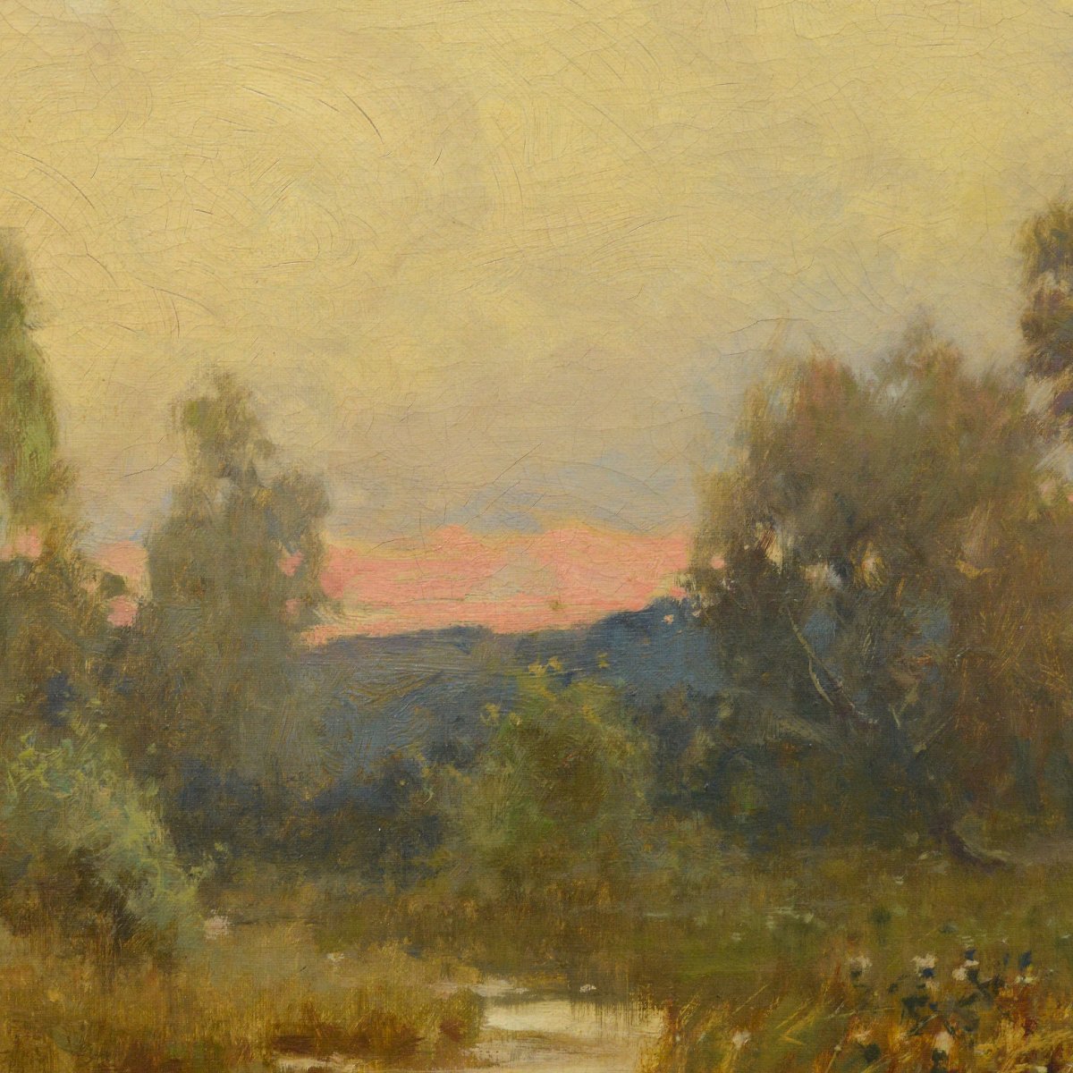 Fin 19e Victorien Britannique Paysage Riviere Coucher Soleil Huile Toile Signee-photo-2