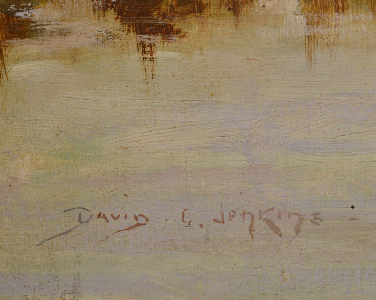 Fin 19e Victorien Britannique Paysage Riviere Coucher Soleil Huile Toile Signee-photo-3
