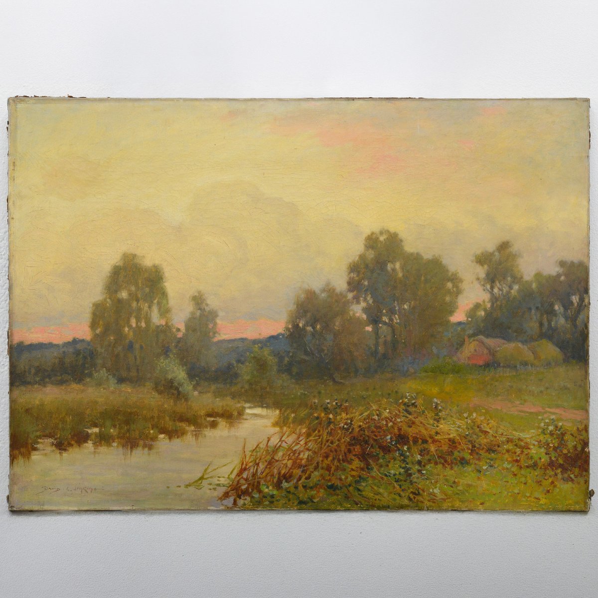 Fin 19e Victorien Britannique Paysage Riviere Coucher Soleil Huile Toile Signee