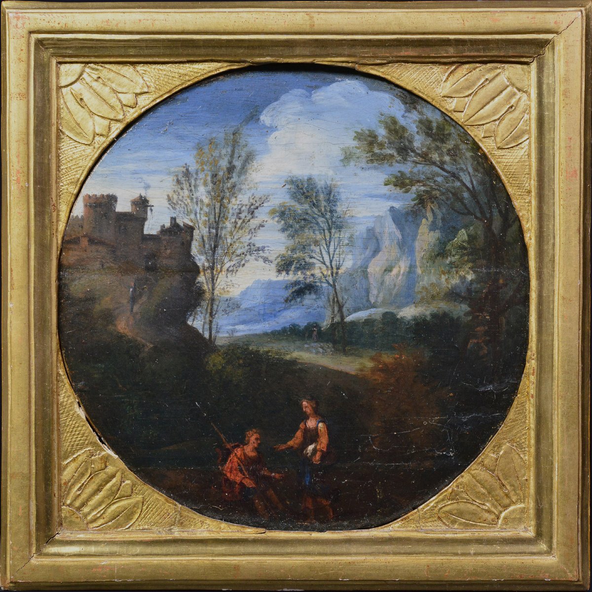 XVIIe Siècle Paysage Pastoral Baroque Européen Château Tondo Huile sur Panneau Encadré