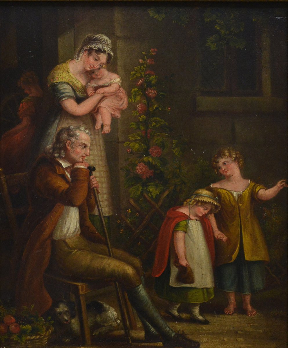 Fin 18e Siecle Scene de Genre Familiale Sentimentale Europeenne Huile Panneau Encadree-photo-2