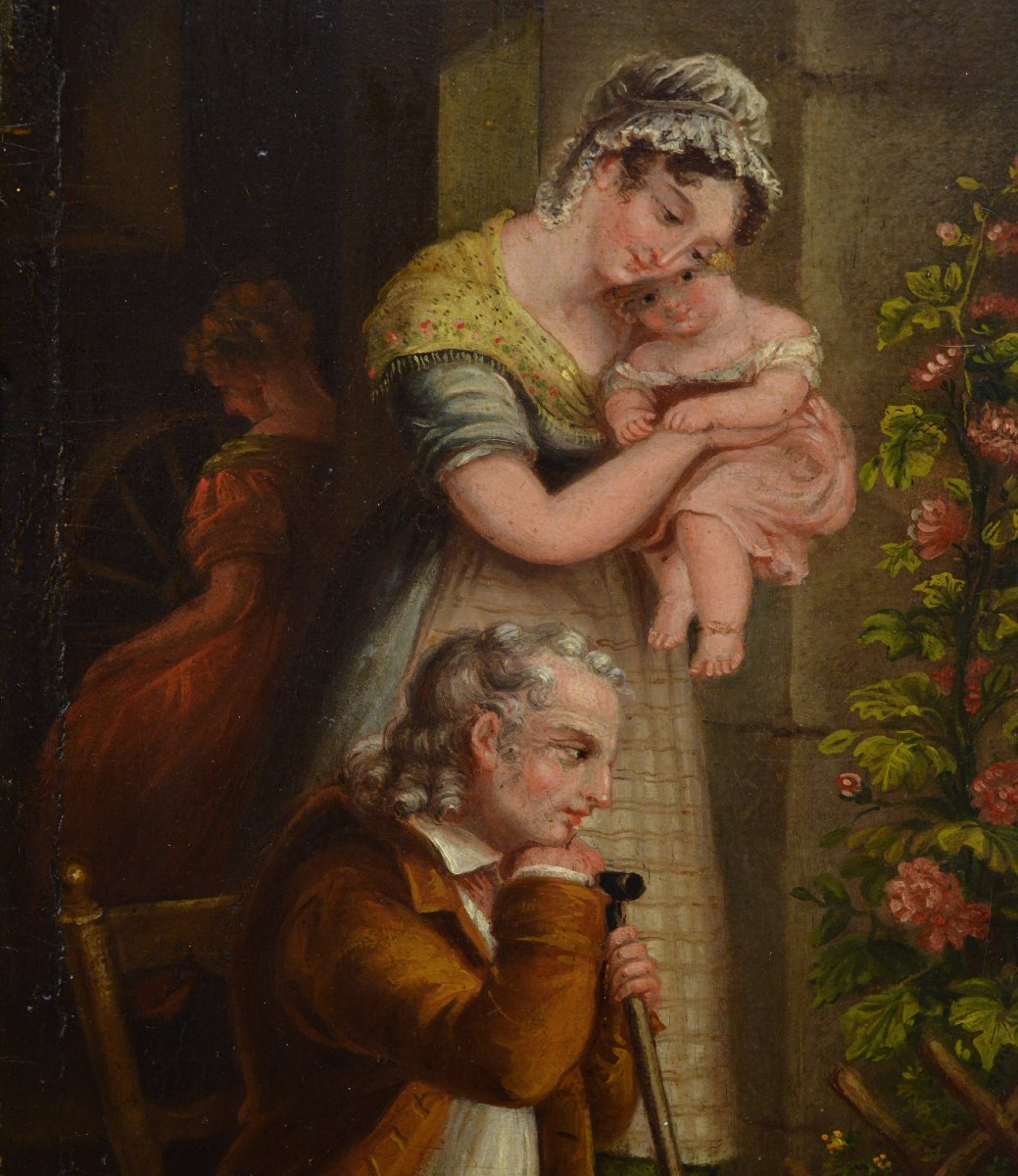 Fin 18e Siecle Scene de Genre Familiale Sentimentale Europeenne Huile Panneau Encadree-photo-1