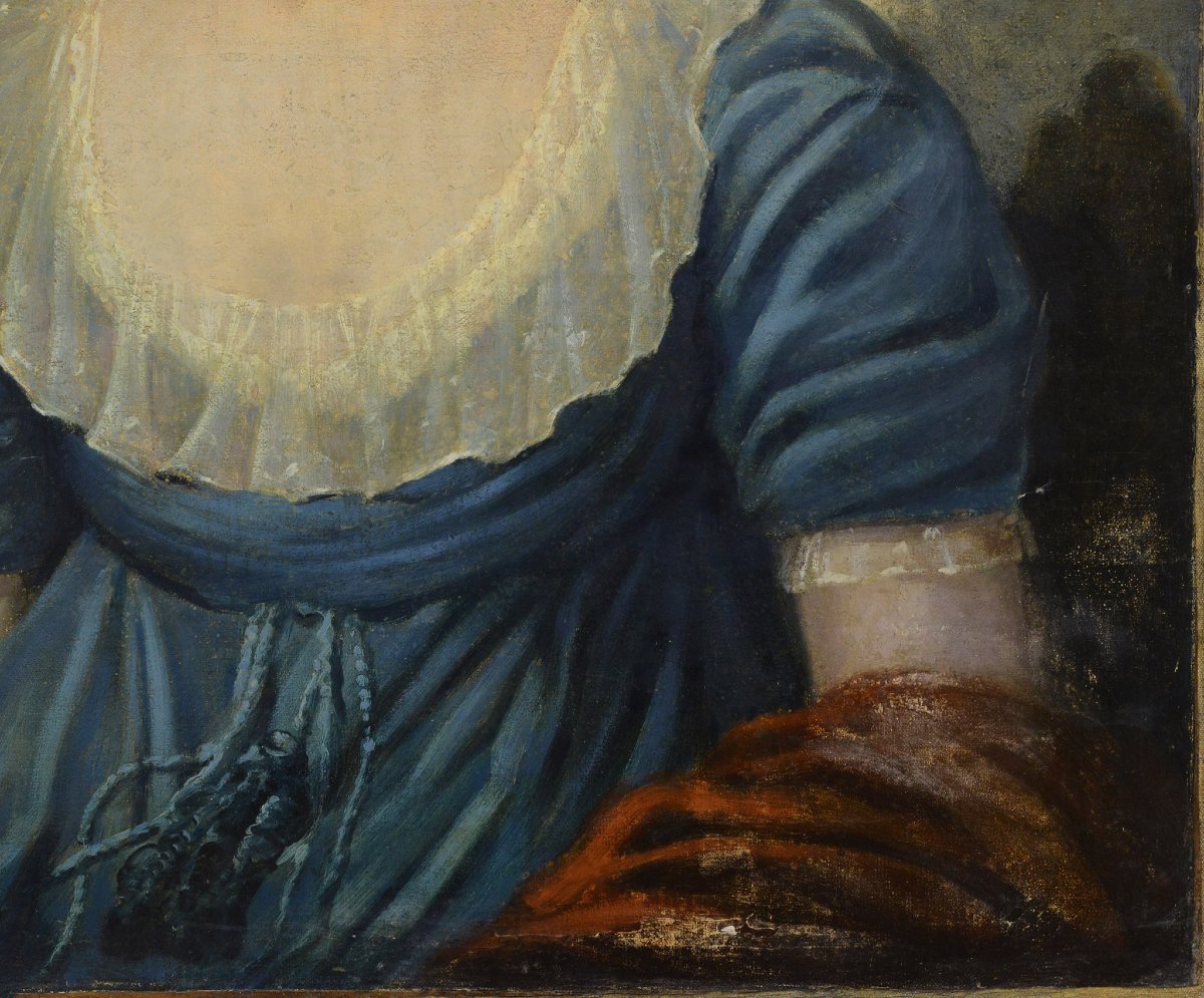 Early 19th Century Empire Romantic Portrait Noble Young Lady In Blue Oil Canvas-photo-2