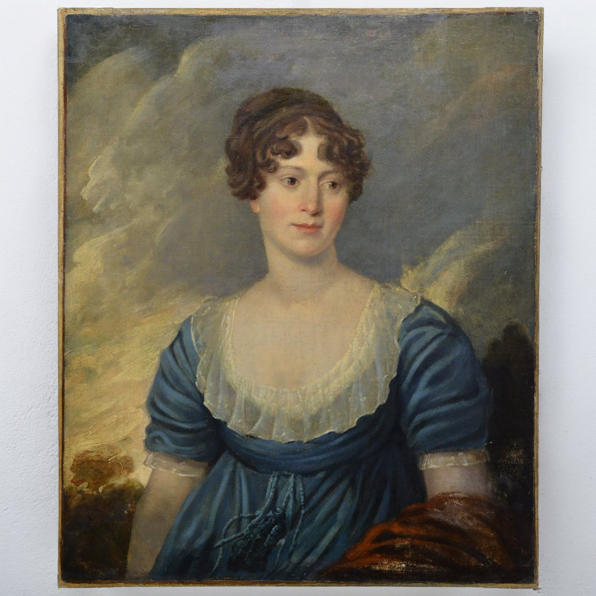 Early 19th Century Empire Romantic Portrait Noble Young Lady In Blue Oil Canvas