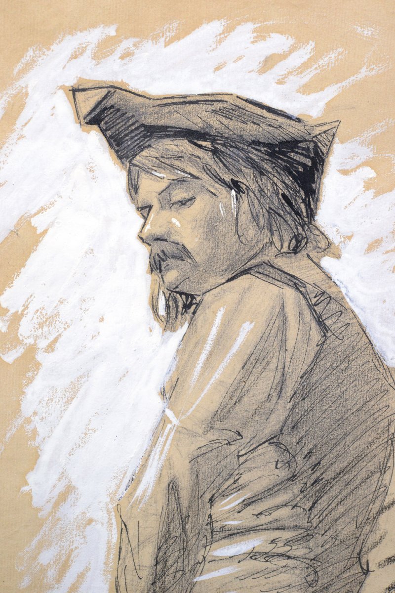 Late 19th Century European Portrait Drawing Man In Tricorn Mixed Media Signed-photo-3