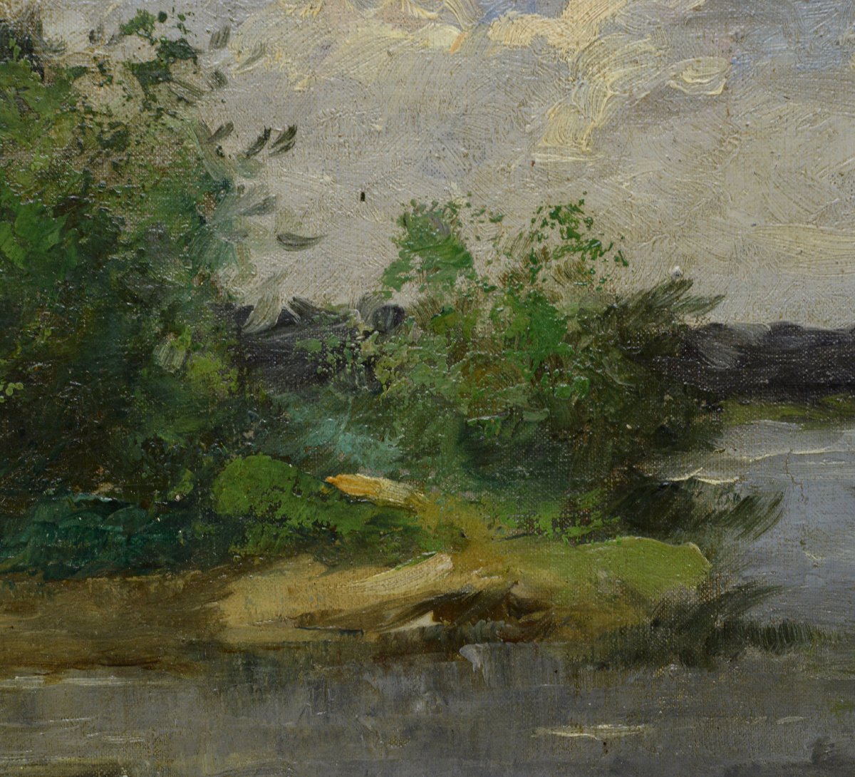 19th Century French Impressionist Barbizon River Landscape Oil Canvas Signed-photo-1