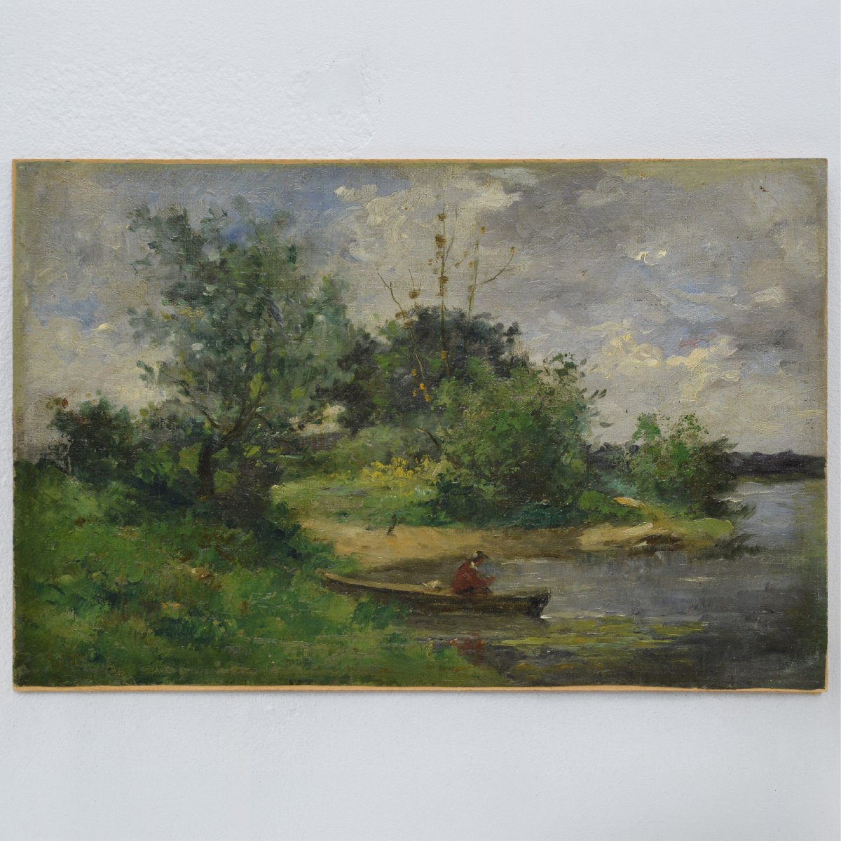 19th Century French Impressionist Barbizon River Landscape Oil Canvas Signed