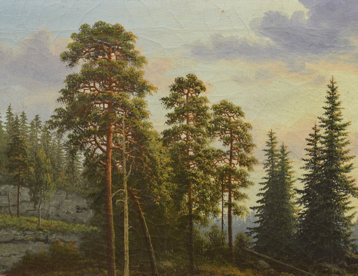 Paysage Scandinave Romantique Vue de Fjord Début du 20e Siècle Huile Sur Toile Signé-photo-4