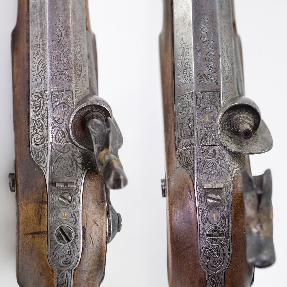 19c Neo Rococo Dueling Pistols Pair Carved Wood Engraved Steel Liege Case-photo-2