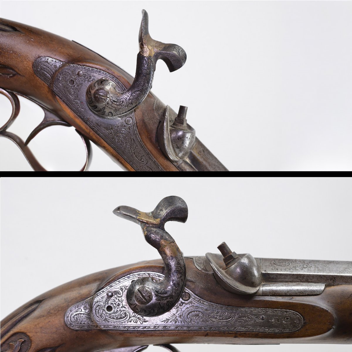 19c Neo Rococo Dueling Pistols Pair Carved Wood Engraved Steel Liege Case-photo-3