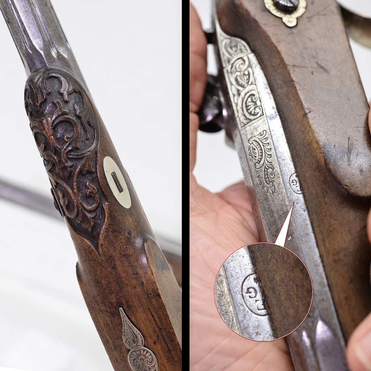 19c Neo Rococo Dueling Pistols Pair Carved Wood Engraved Steel Liege Case-photo-1