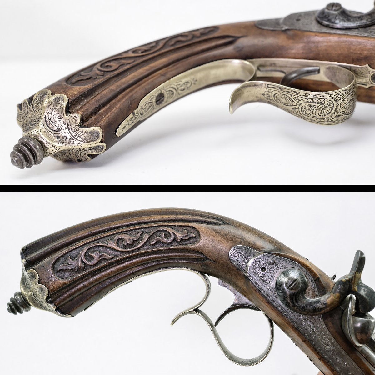 19c Neo Rococo Dueling Pistols Pair Carved Wood Engraved Steel Liege Case-photo-2