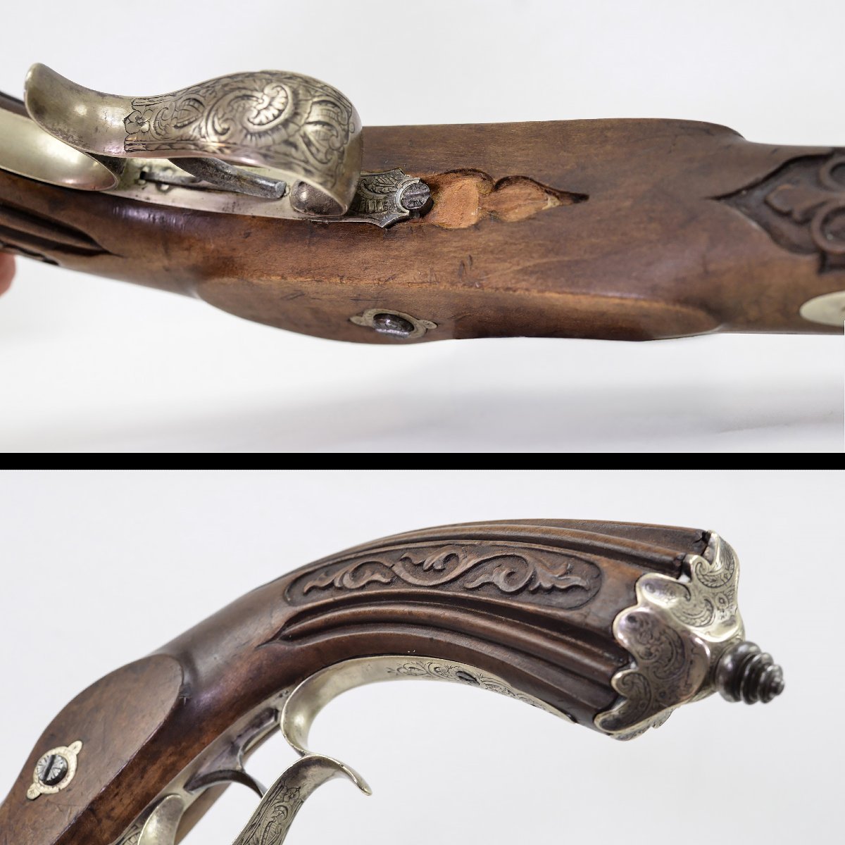 19c Neo Rococo Dueling Pistols Pair Carved Wood Engraved Steel Liege Case-photo-4