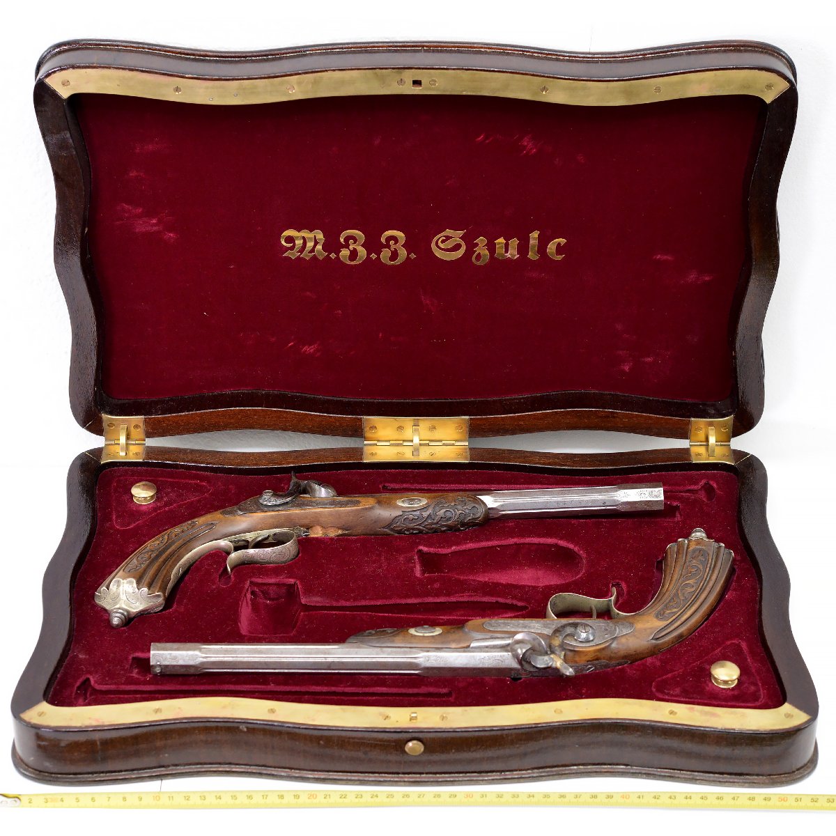 19c Neo Rococo Dueling Pistols Pair Carved Wood Engraved Steel Liege Case-photo-6