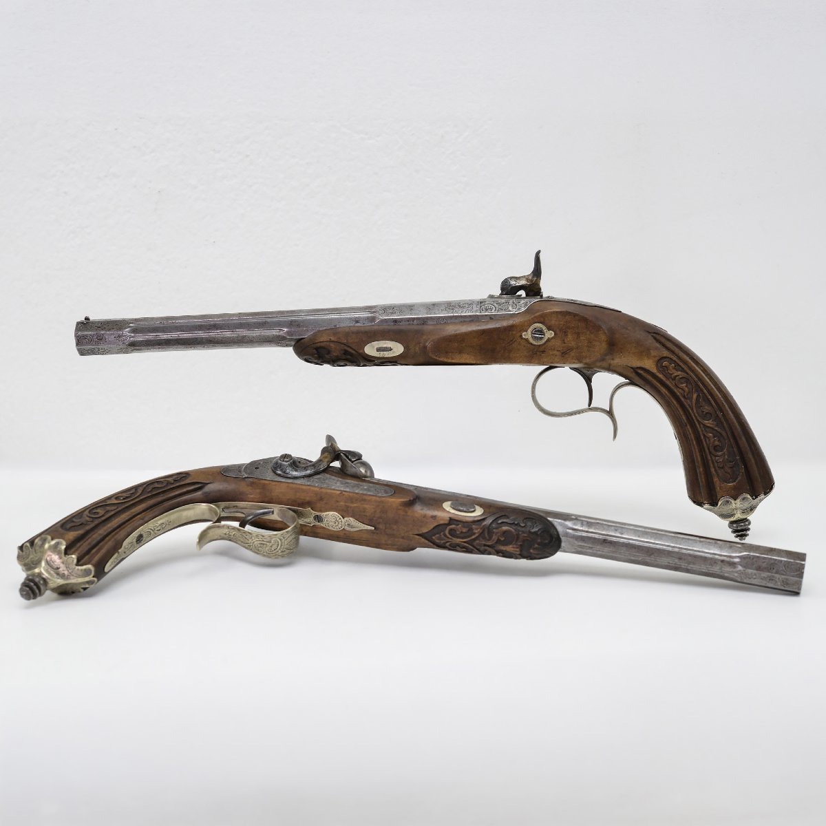 19c Neo Rococo Dueling Pistols Pair Carved Wood Engraved Steel Liege Case