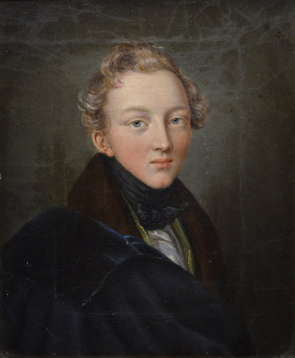 19th Century European Miniature Portrait Young Gentleman Oil Canvas Frame-photo-2