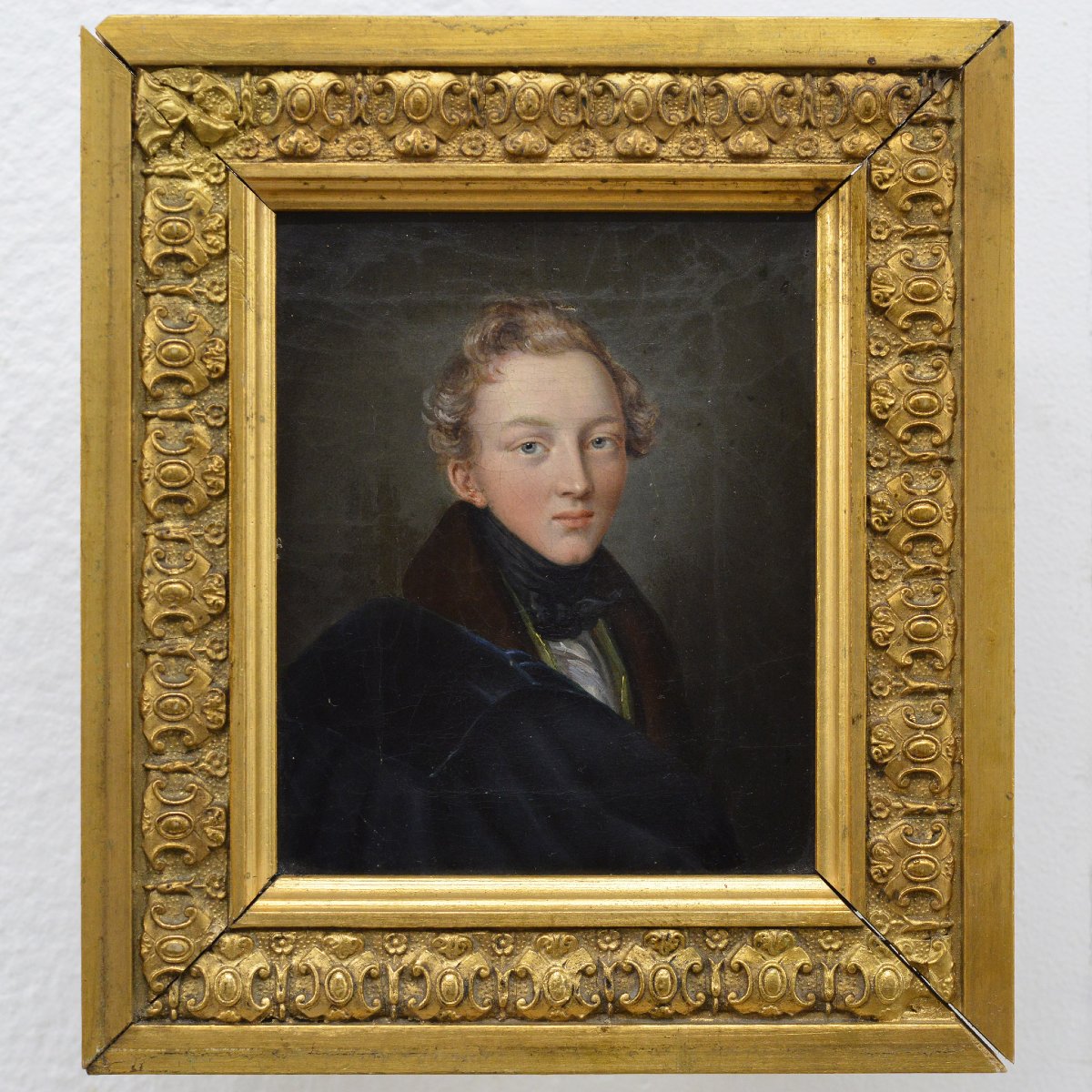 19th Century European Miniature Portrait Young Gentleman Oil Canvas Frame