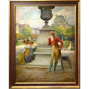 French Genre Scene In Parisian Park 19th Century Oil Painting By Emile Tabary
