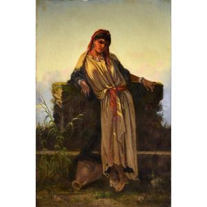 Italian Genre Portrait Middle Eastern Beauty At A Well 19th Century Oil Painting