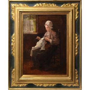 Dutch Interior Scene Peasant Girl Sewing 19th Century Oil Painting By J. Israëls