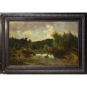 Peinture à l'Huile Antique XIXe Siècle Norvégiens Paysage Pastoral Moulin à Vent Berger