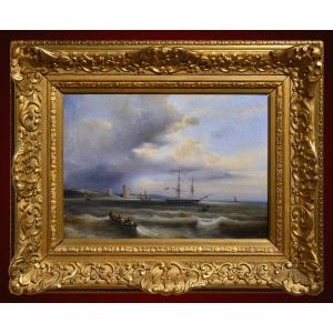 French Seascape Ships Off Saint Vaast La Hougue Masterwork Ferdinand Perrot