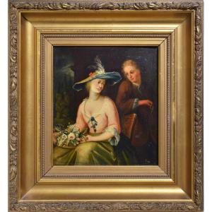 Rococo Scène De Genre Couple Bien-aimé XVIIIe Siècle Peinture à l'Huile Sur Panneau Encadrée