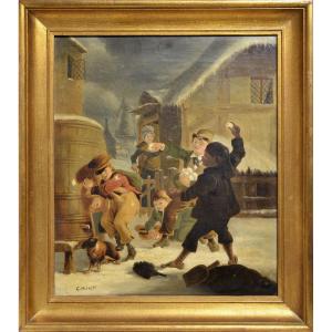 Britannique Scène De Genre Bataille De Boules De Neige Inégale 19e Siècle Peinture à l'Huile Si