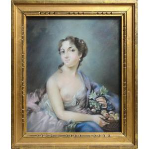 Portrait Rococo Femme Nue Aux Fruits Début Du XXe Siècle Dessin Au Pastel