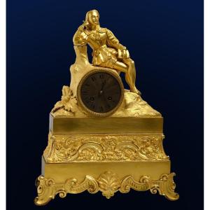 French Gilt Bronze Figural Antique Clock W Renaissance Poet Early 19th Century