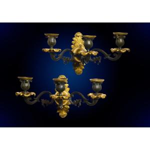 Pair Antique Neoclassical Gilt Bronze W Patina Sconces 3 Light Wall Candelabra